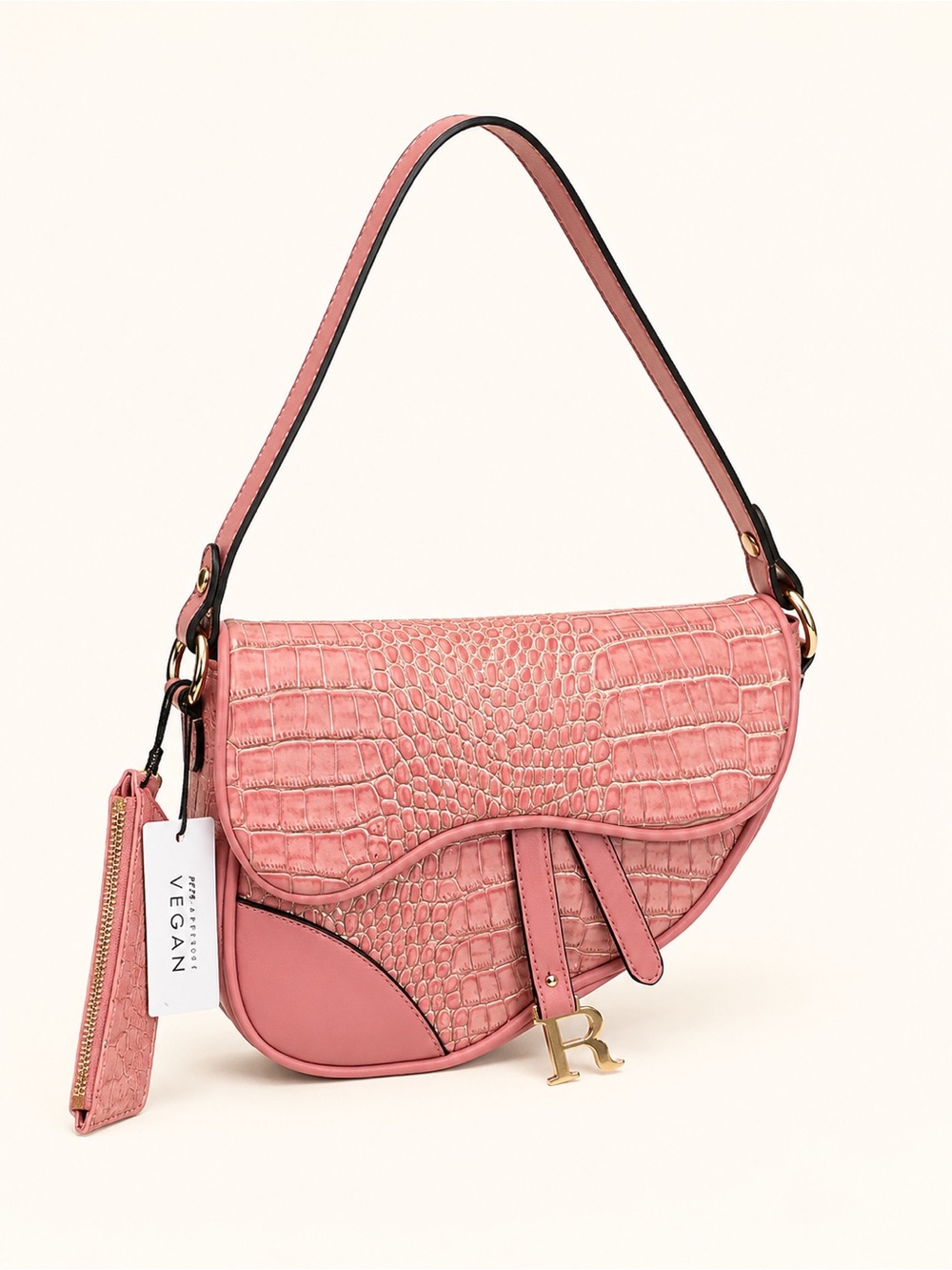 Saddle Shoulder Bag in Blush Pink with Croc Texture